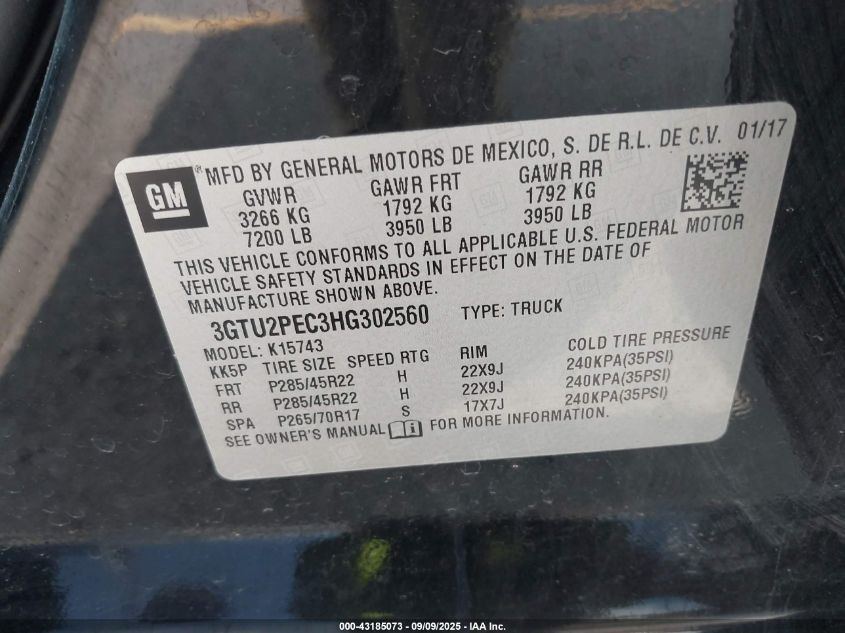 2017 GMC Sierra 1500 Denali VIN: 3GTU2PEC3HG302560 Lot: 43185073
