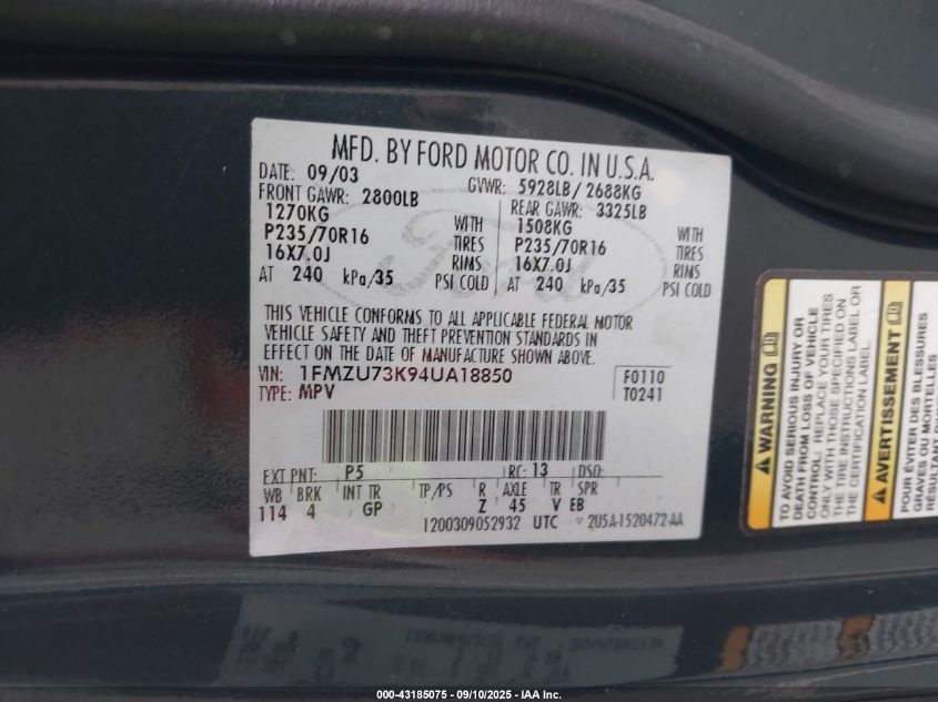 2004 Ford Explorer Nbx/Xlt VIN: 1FMZU73K94UA18850 Lot: 43185075