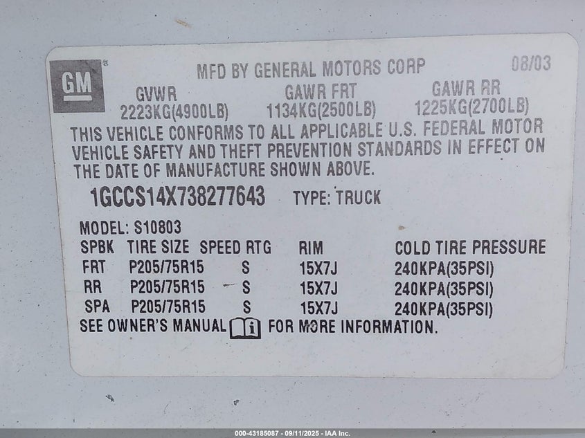 2003 Chevrolet S Truck S10 VIN: 1GCCS14X738277643 Lot: 43185087