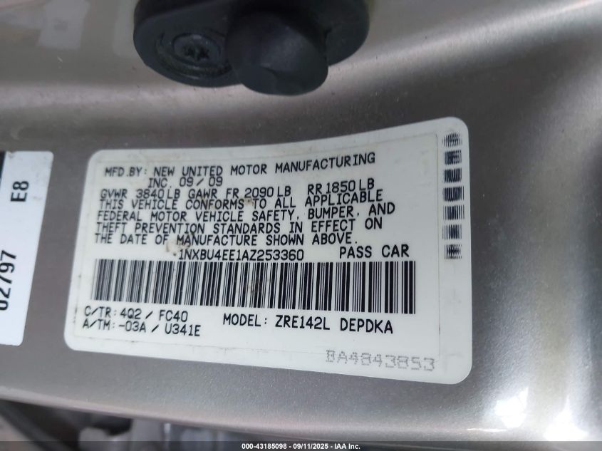 2010 Toyota Corolla Le VIN: 1NXBU4EE1AZ253360 Lot: 43185098