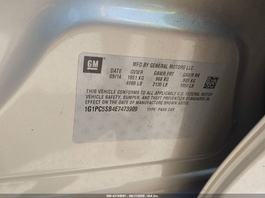 2014 Chevrolet Cruze Lt VIN: 1G1PC5SB4E7473909 Lot: 43185097