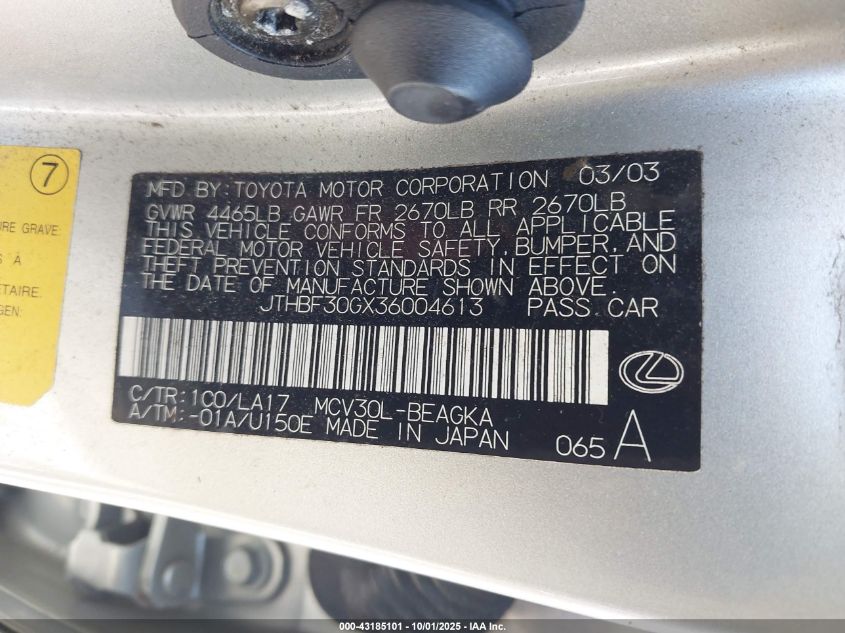 2003 Lexus Es 300 VIN: JTHBF30GX36004613 Lot: 43185101