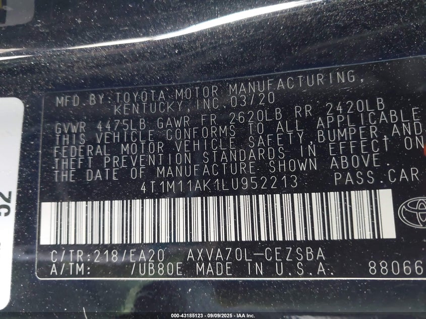 2020 TOYOTA CAMRY SE - 4T1M11AK1LU952213