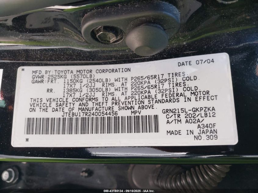 2004 Toyota 4Runner Limited V6 VIN: JTEBU17R240054456 Lot: 43185134