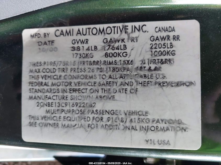 2001 Chevrolet Tracker Hard Top Base VIN: 2CNBE13C916922082 Lot: 43185154