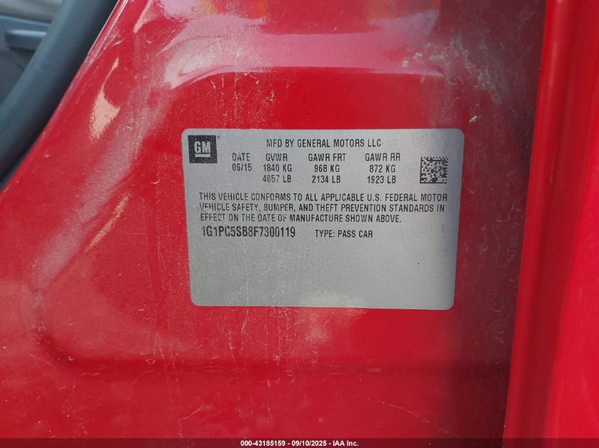 2015 Chevrolet Cruze 1Lt Auto VIN: 1G1PC5SB8F7300119 Lot: 43185159