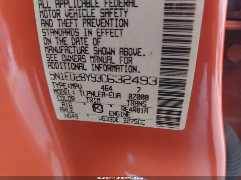 2003 Nissan Xterra Xe VIN: 5N1ED28Y93C632493 Lot: 43185167