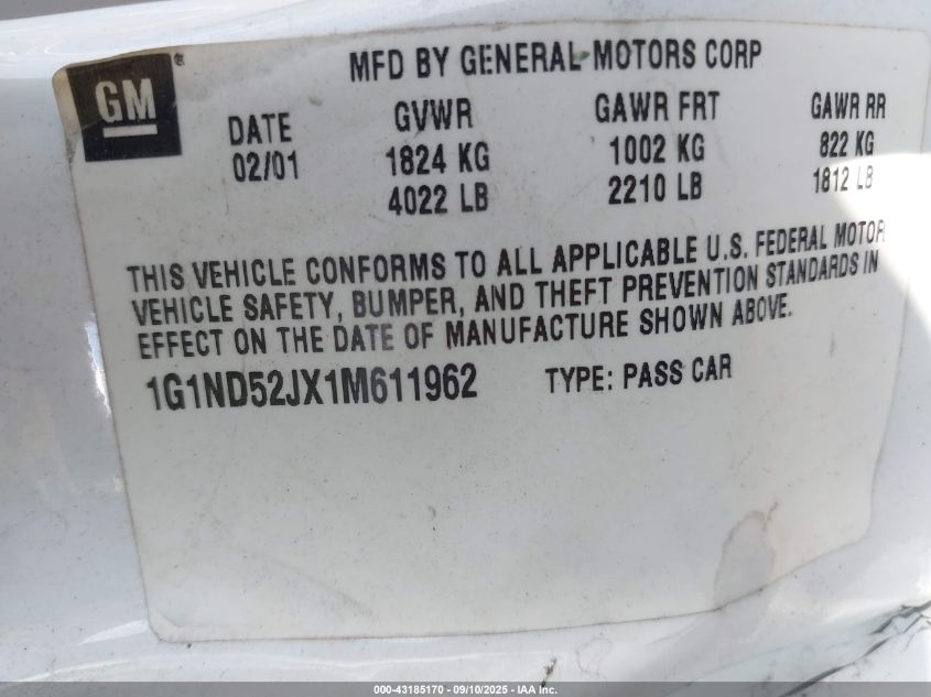 2001 Chevrolet Malibu VIN: 1G1ND52JX1M611962 Lot: 43185170