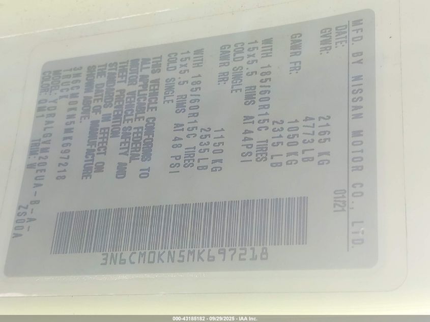 2021 Nissan Nv200 Cargo Sv Xtronic Cvt VIN: 3N6CM0KN5MK697218 Lot: 43185182