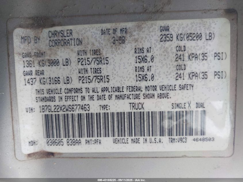 1998 Dodge Dakota Slt/Sport VIN: 1B7GL22X2WS677463 Lot: 43185225