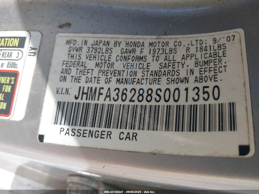 2008 Honda Civic Hybrid VIN: JHMFA36288S001350 Lot: 43185247