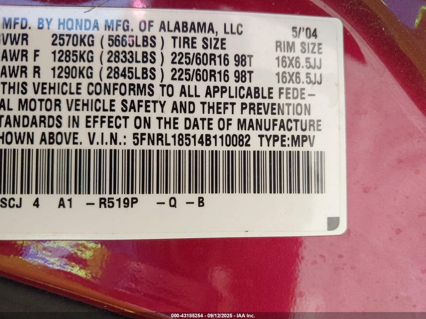 2004 Honda Odyssey Lx VIN: 5FNRL18514B110082 Lot: 43185254
