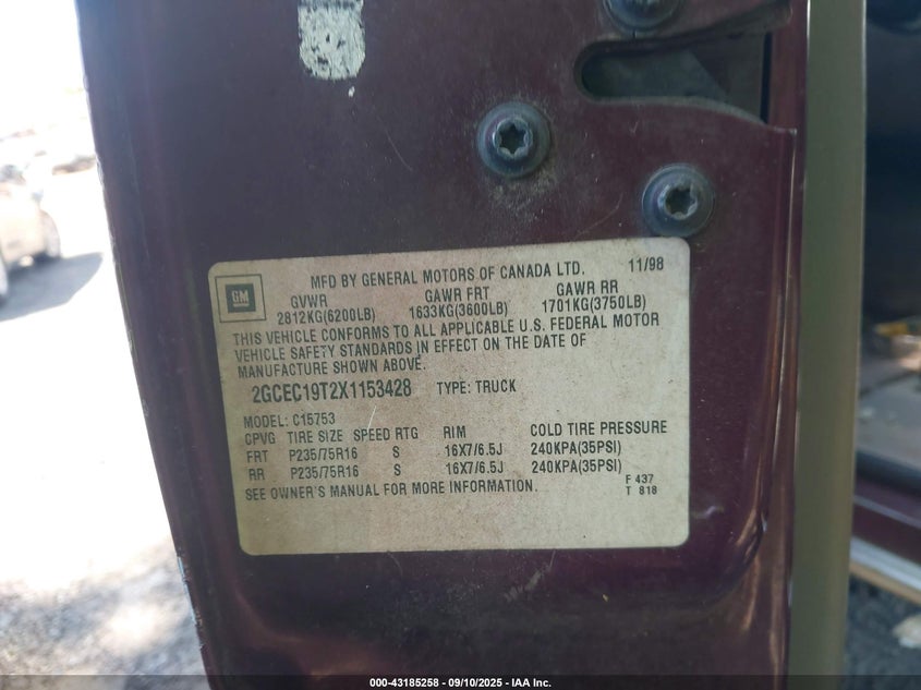 1999 Chevrolet Silverado 1500 Ls VIN: 2GCEC19T2X1153428 Lot: 43185258