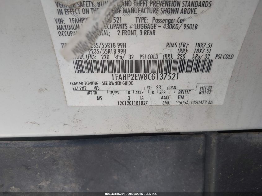 2012 Ford Taurus Sel VIN: 1FAHP2EW8CG137521 Lot: 43185261