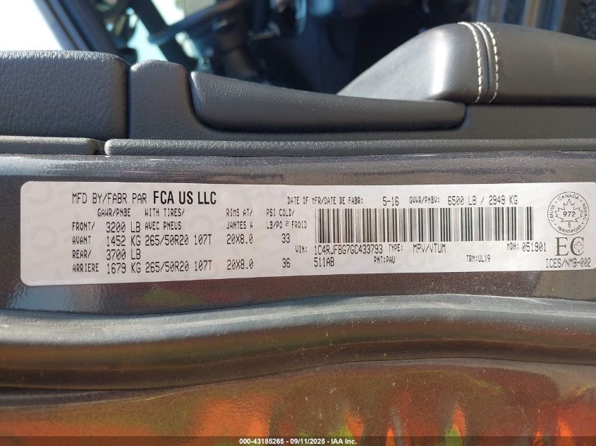 2016 Jeep Grand Cherokee Limited VIN: 1C4RJFBG7GC433793 Lot: 43185265