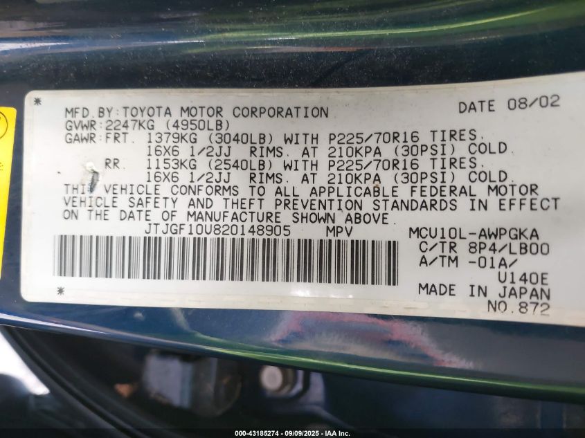 2002 Lexus Rx 300 VIN: JTJGF10U820148905 Lot: 43185274