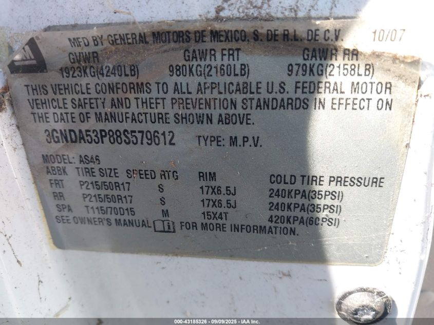 2008 Chevrolet Hhr Lt VIN: 3GNDA53P88S579612 Lot: 43185326