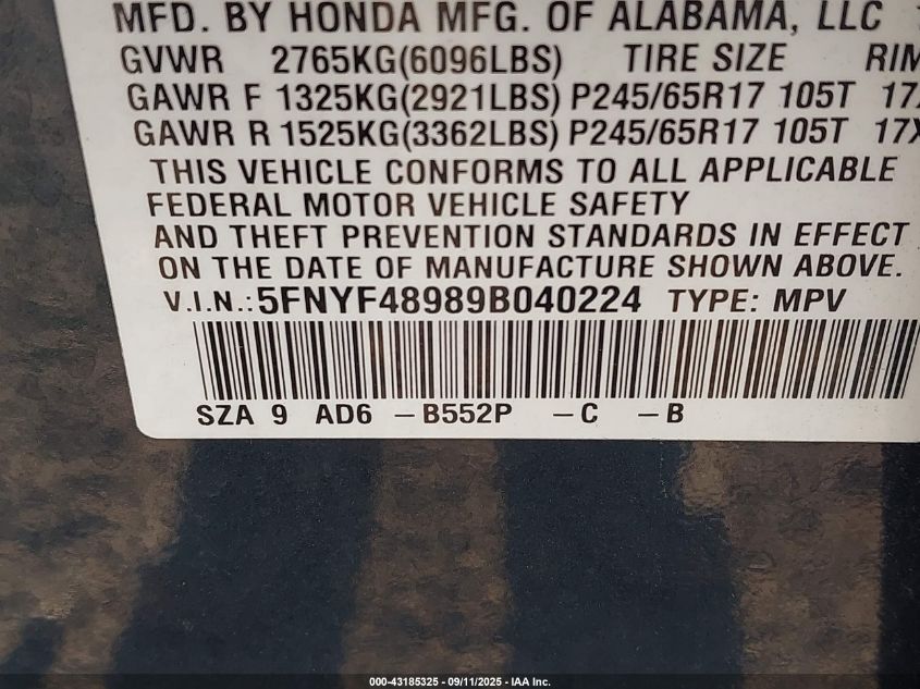 2009 Honda Pilot Touring VIN: 5FNYF48989B040224 Lot: 43185325