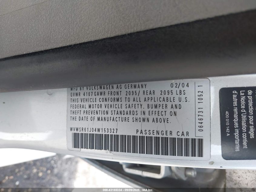 2004 Volkswagen Jetta VIN: WDWSR61J04W153327 Lot: 43185334