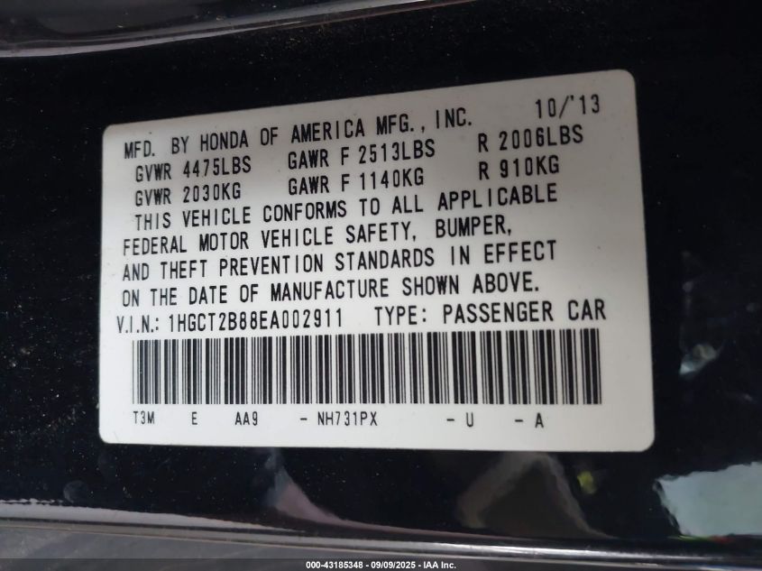 2014 Honda Accord Ex-L V-6 VIN: 1HGCT2B88EA002911 Lot: 43185348