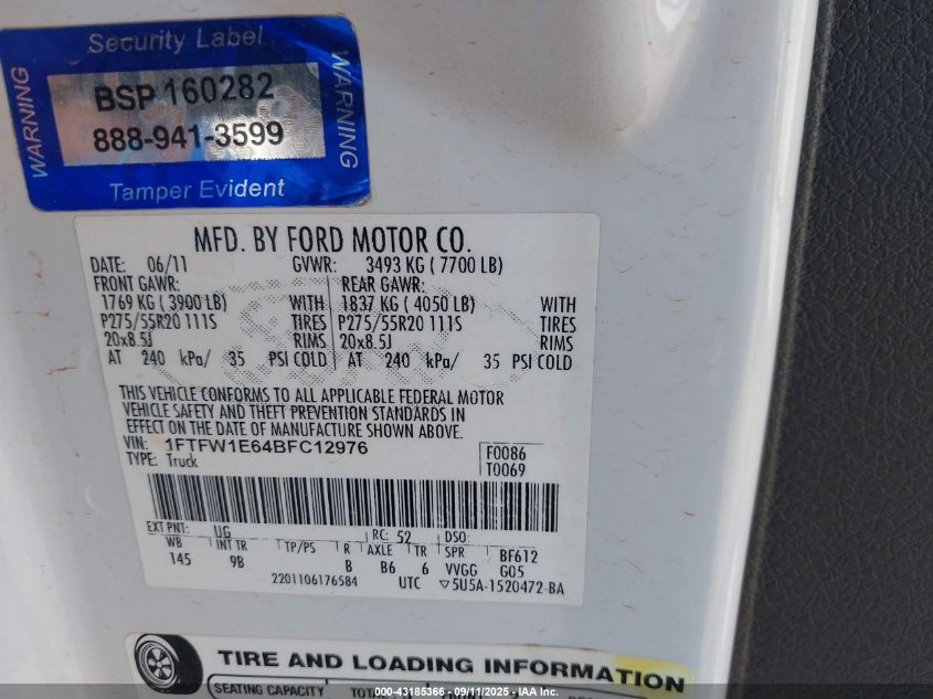 2011 Ford F150 Platinum VIN: 1FTFW1E64BFC12976 Lot: 43185366