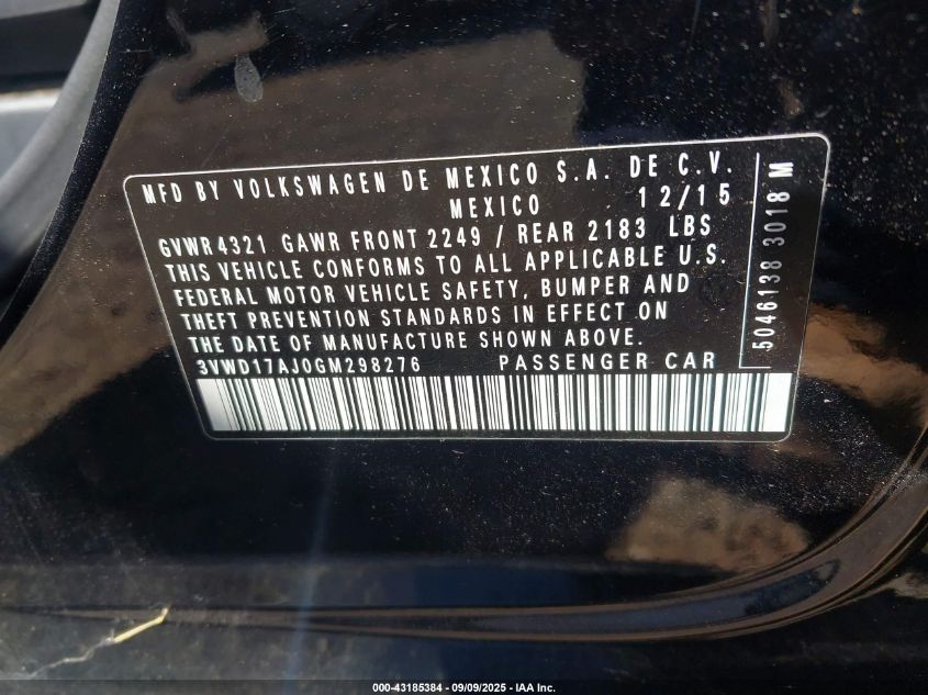 2016 Volkswagen Jetta 1.8T Sport VIN: 3VWD17AJ0GM298276 Lot: 43185384