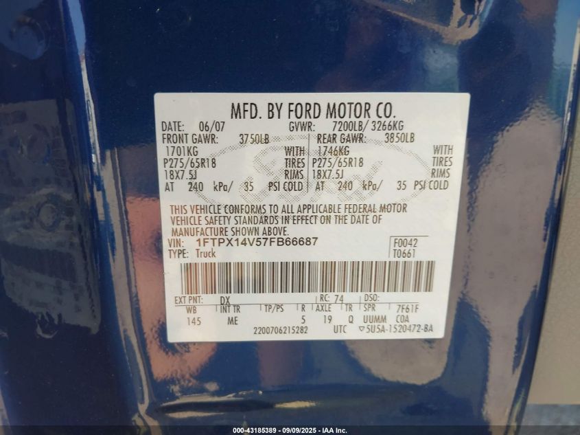 2007 Ford F-150 Fx4/Lariat/Xl/Xlt VIN: 1FTPX14V57FB66687 Lot: 43185389