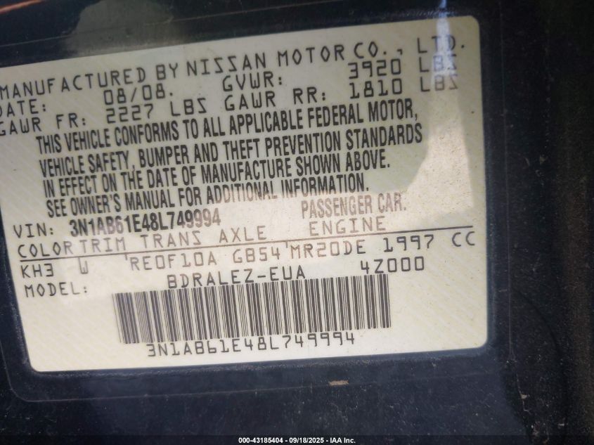 2008 Nissan Sentra 2.0S VIN: 3N1AB61E48L749994 Lot: 43185404