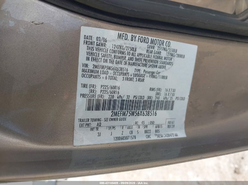 2006 Mercury Grand Marquis Ls VIN: 2MEFM75W56X638516 Lot: 43185409