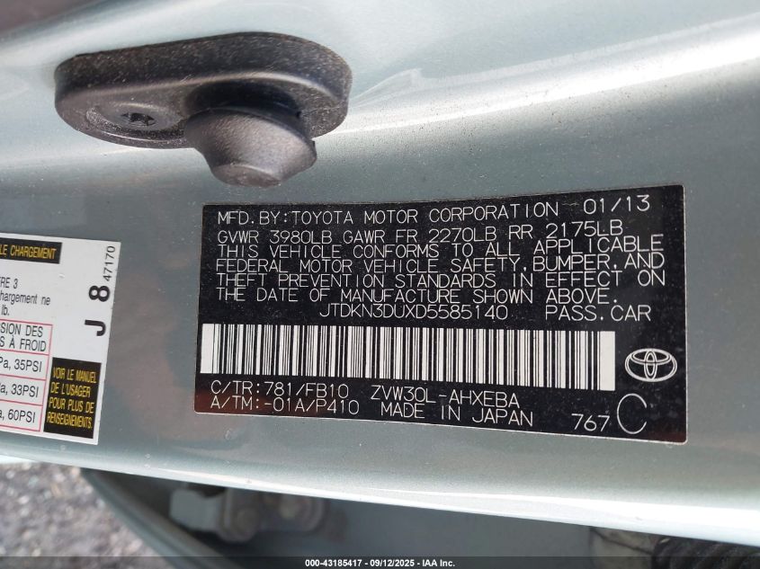 2013 Toyota Prius Three VIN: JTDKN3DUXD5585140 Lot: 43185417