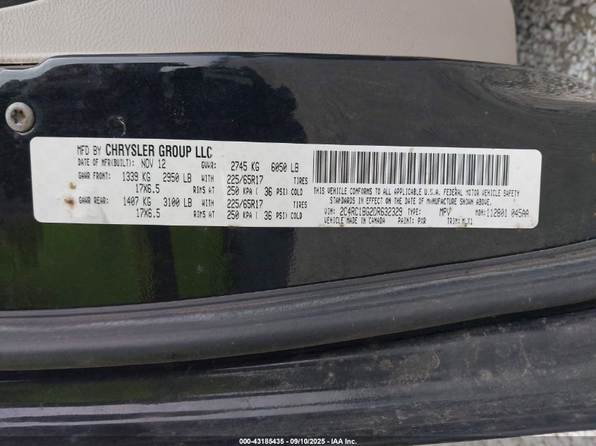 2013 Chrysler Town & Country Touring VIN: 2C4RC1BG2DR632329 Lot: 43185435