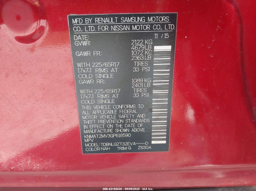 2016 Nissan Rogue Sv VIN: KNMAT2MV3GP618590 Lot: 43185438