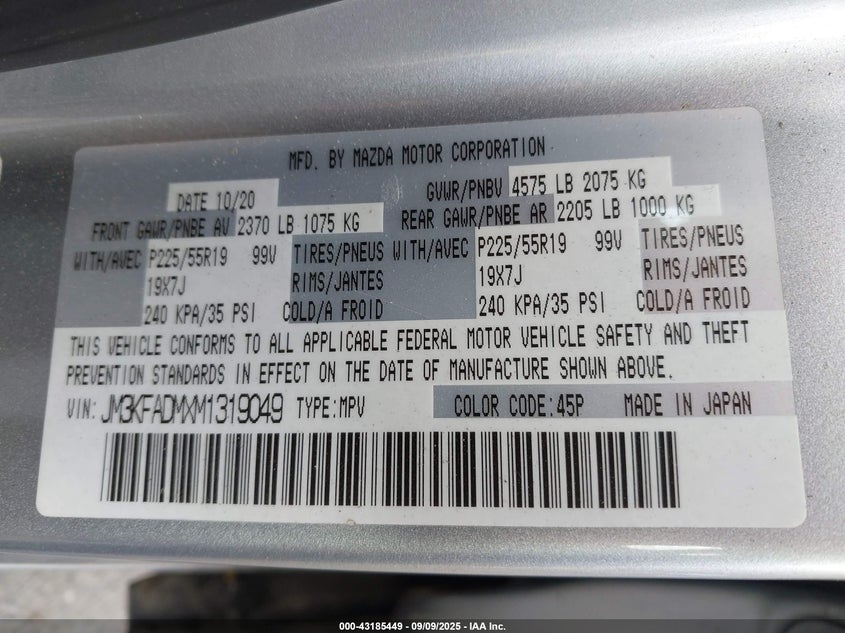 2021 Mazda Cx-5 Grand Touring VIN: JM3KFADMXM1319049 Lot: 43185449