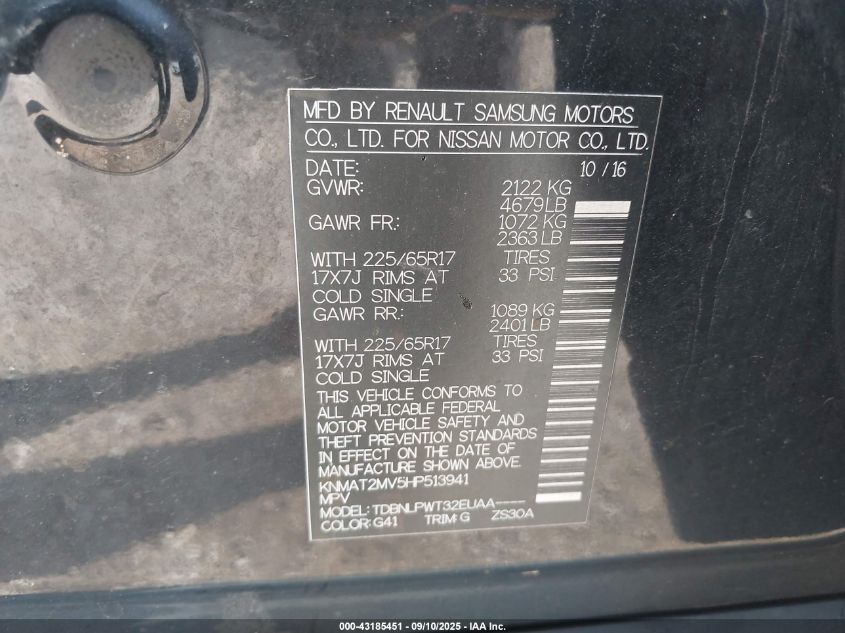 2017 Nissan Rogue S VIN: KNMAT2MV5HP513941 Lot: 43185451