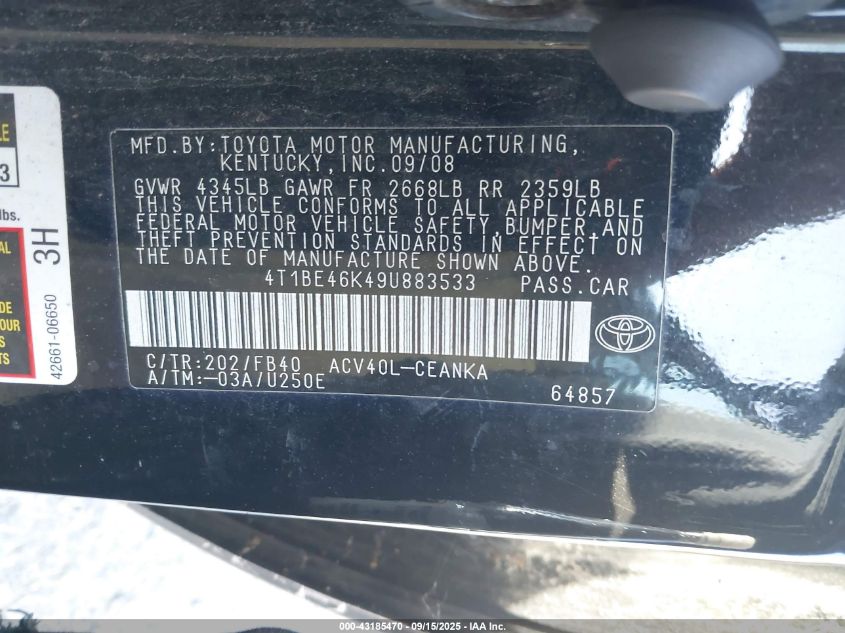 2009 Toyota Camry Le VIN: 4T1BE46K49U883533 Lot: 43185470
