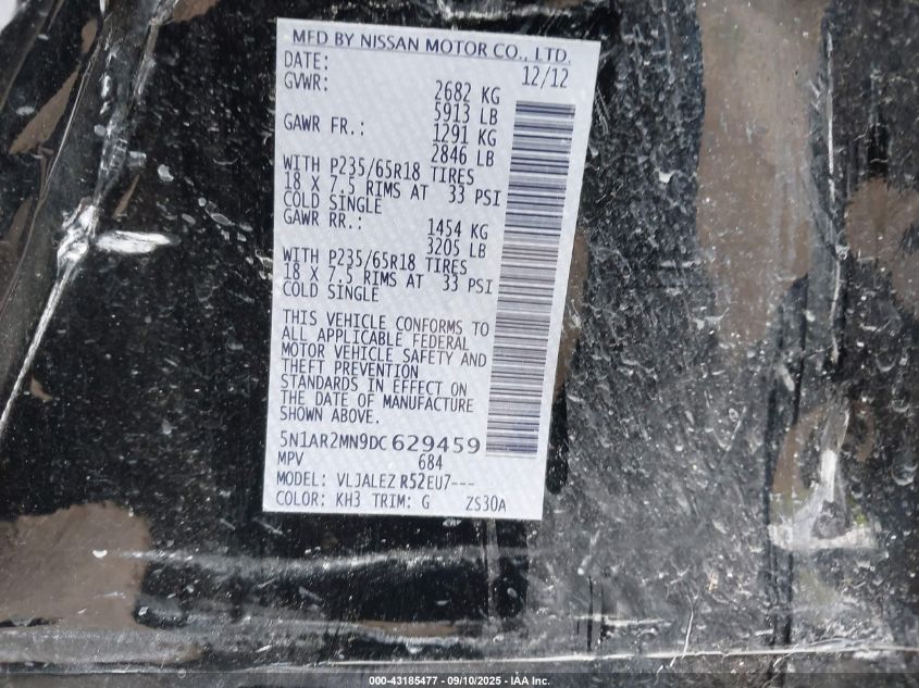 2013 Nissan Pathfinder Sv VIN: 5N1AR2MN9DC629459 Lot: 43185477