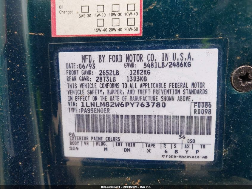 1993 Lincoln Town Car Signature/Jack Nicklaus VIN: 1LNLM82W6PY763780 Lot: 43185491