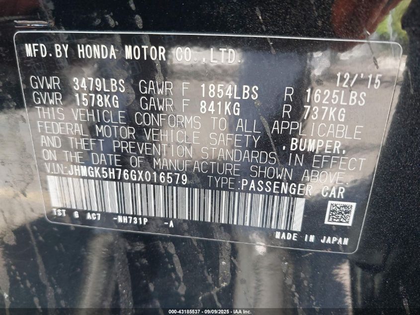 2016 Honda Fit Ex VIN: JHMGK5H76GX016579 Lot: 43185537