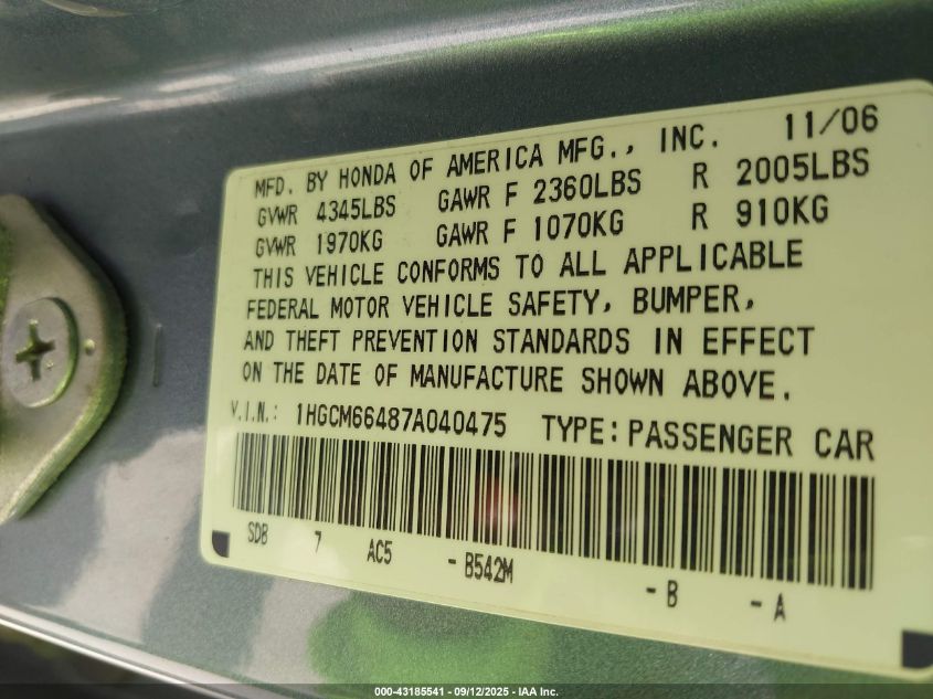 2007 Honda Accord 3.0 Se VIN: 1HGCM66487A040475 Lot: 43185541