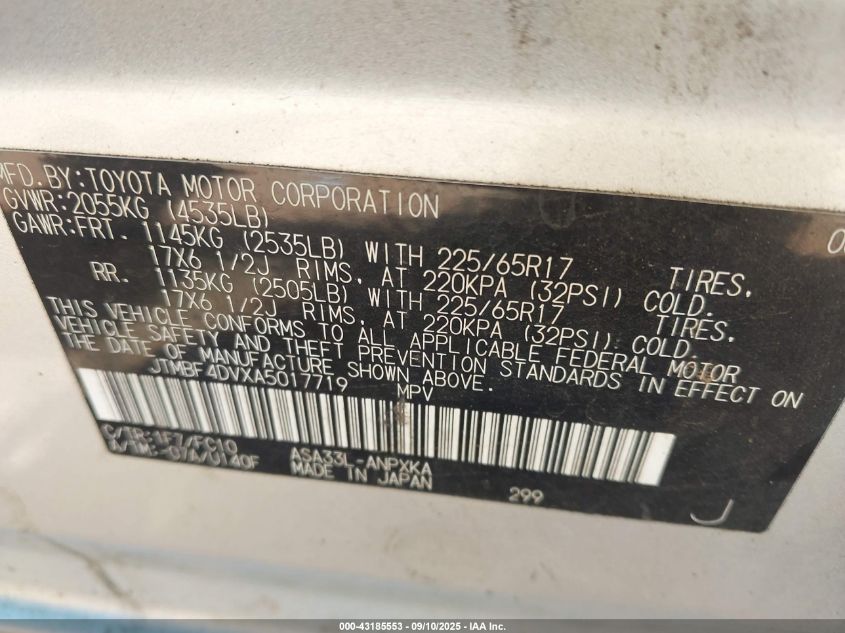 2010 Toyota Rav4 VIN: JTMBF4DVXA5017719 Lot: 43185553