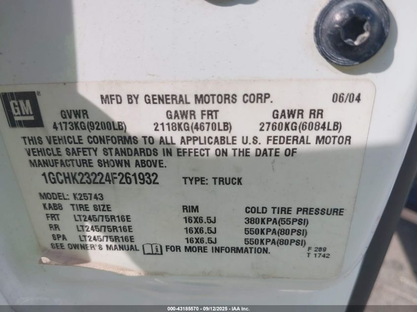 2004 Chevrolet Silverado 2500Hd Lt VIN: 1GCHK23224F261932 Lot: 43185570