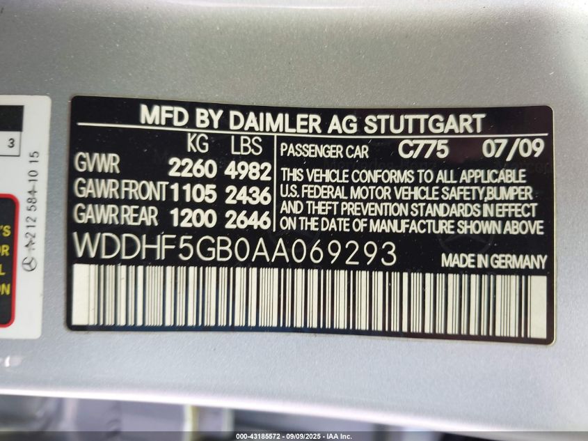 2010 Mercedes-Benz E 350 VIN: WDDHF5GB0AA069293 Lot: 43185572