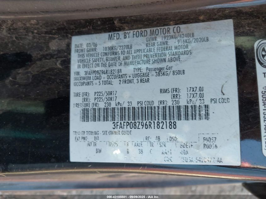 2006 Ford Fusion Sel VIN: 3FAFP08Z96R182188 Lot: 43185581