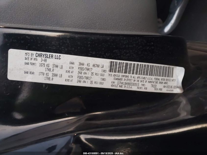 2008 Dodge Ram 1500 St/Sxt VIN: 1D7HA18N98S592915 Lot: 43185591