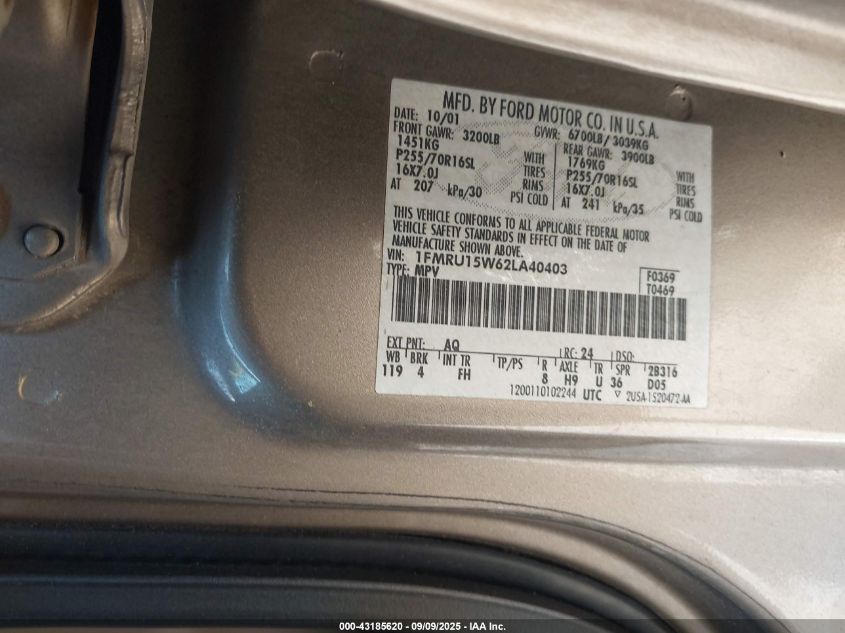 2002 Ford Expedition Xlt VIN: 1FMRU15W62LA40403 Lot: 43185620