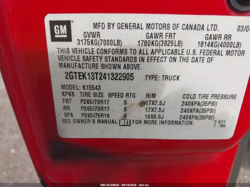 2004 GMC New Sierra Sle VIN: 2GTEK13T241322905 Lot: 43185630