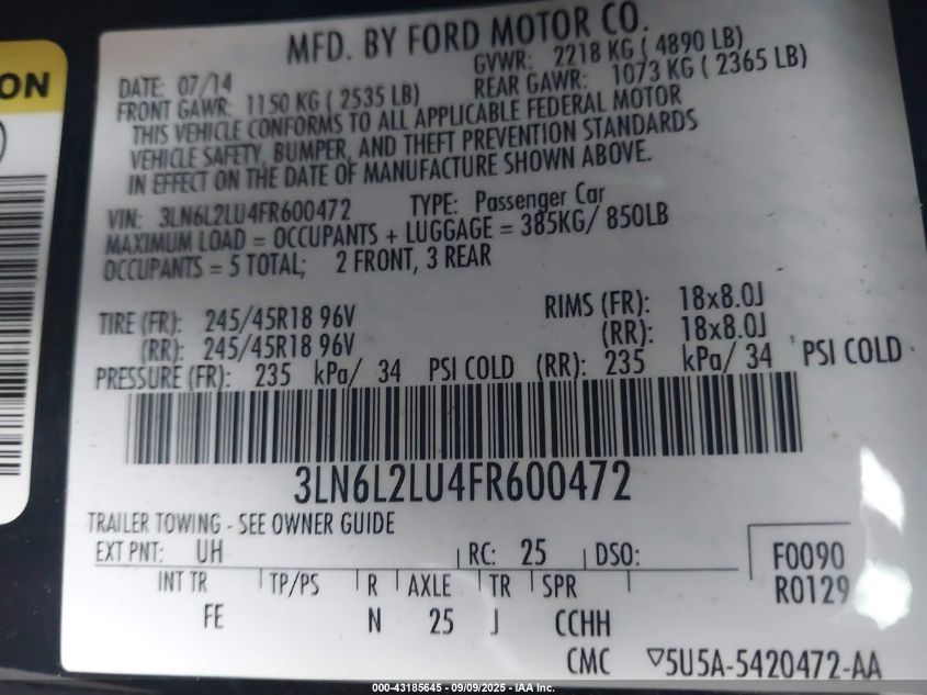 2015 Lincoln Mkz Hybrid VIN: 3LN6L2LU4FR600472 Lot: 43185645