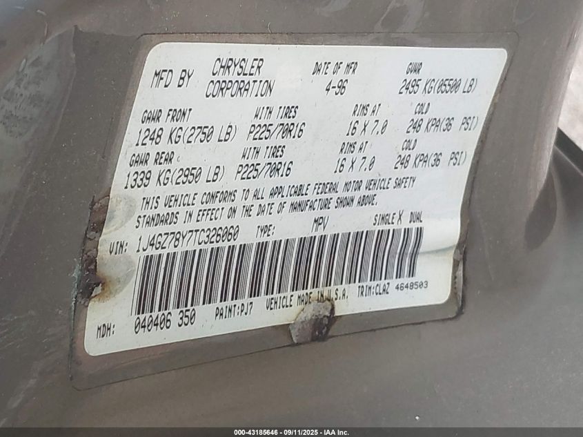 1996 Jeep Grand Cherokee Limited VIN: 1J4GZ78Y7TC326060 Lot: 43185646