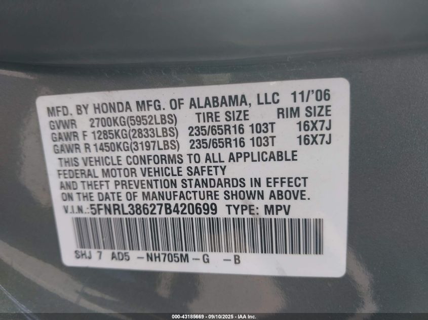 2007 Honda Odyssey Ex-L VIN: 5FNRL38627B420699 Lot: 43185669