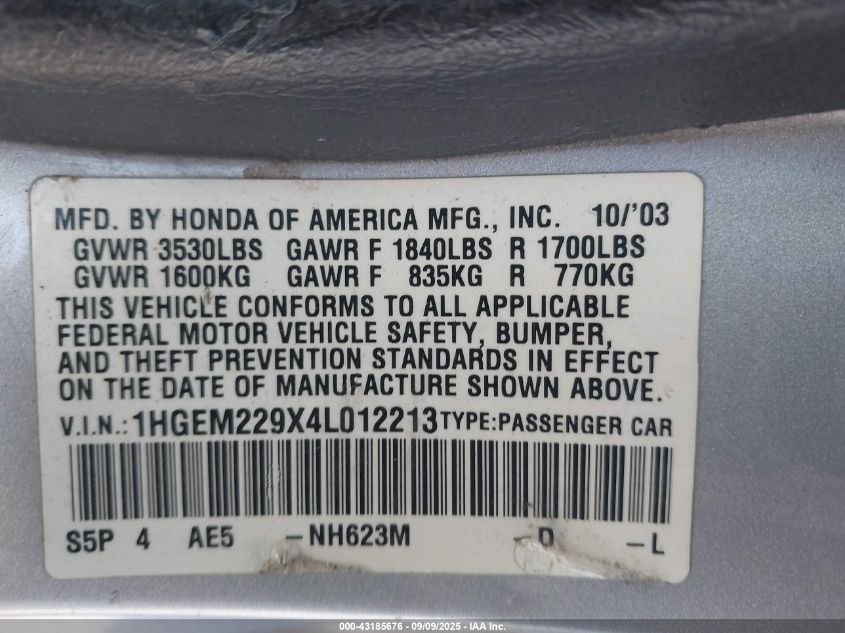 2004 Honda Civic Ex VIN: 1HGEM229X4L012213 Lot: 43185676